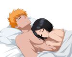  1boy 1girl after_sex bed_sheet black_hair bleach closed_eyes couple erinite02 girl_on_top hetero highres kuchiki_rukia kurosaki_ichigo lying nude on_back on_stomach orange_hair parted_lips pillow shiny shiny_hair short_hair simple_background sleeping spiked_hair straight_hair sweat under_covers upper_body white_background 