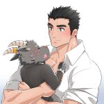  2boys bara black_hair collared_shirt creature crying formal furry furry_male goat_boy goat_horns grey_suit holding holding_creature horns male_focus master_3_(housamo) multiple_boys muscular muscular_male pectoral_cleavage pectorals salomon_(housamo) shirt short_hair sideburns smile suit tears thick_eyebrows tokyo_afterschool_summoners whaledragon 