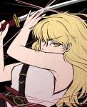  1girl alternate_costume armpits belt black_background blonde_hair breasts covered_mouth eyebrows_visible_through_hair katana large_breasts long_hair looking_at_viewer matara_okina muscular muscular_female razania shirt simple_background slashing sleeveless solo strap sword touhou weapon white_shirt yellow_eyes 