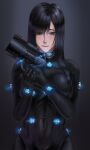  1girl bangs black_background black_bodysuit black_hair bodysuit breasts brown_eyes closed_mouth gantz gantz_suit gun hair_between_eyes handgun highres holding holding_gun holding_weapon large_breasts long_hair looking_at_viewer reimei33 shimohira_reika shiny shiny_hair skin_tight solo standing straight_hair weapon 