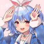  1girl :d arms_up bangs blue_hair blue_jacket bunny-shaped_pupils bunny_pose collar eyebrows_visible_through_hair hololive jacket long_sleeves looking_at_viewer open_mouth pink_background red_eyes short_eyebrows short_hair smile solo symbol-shaped_pupils tako_8_yaki teeth upper_body upper_teeth usada_pekora 