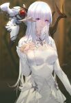  1girl bangs blurry blurry_background breasts character_request cleavage closed_mouth dragon_on_shoulder dress eyebrows_visible_through_hair final_fantasy final_fantasy_xiv hair_between_eyes highres large_breasts long_hair long_sleeves purple_eyes shrug_(clothing) signature silver_hair solo straight_hair strapless strapless_dress swd3e2 white_dress 