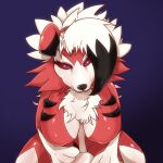  anthro big_breasts breasts canid canine female fur hauberk888 looking_at_viewer lycanroc mammal midnight_lycanroc nintendo pok&eacute;mon pok&eacute;mon_(species) red_body red_fur smile solo video_games 
