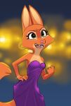  2022 absurd_res anthro blurred_background bracelet breasts canid canine cleavage clothed clothing diane_foxington dreamworks dress eyebrow_piercing facial_piercing female fox front_view fur hand_on_hip hi_res jewelry mammal necklace open_mouth orange_body orange_fur piercing portrait purple_clothing purple_dress siroc solo the_bad_guys three-quarter_portrait 