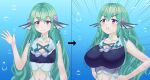  1girl bangs breast_expansion breasts bubble cleavage clenched_hands clothing_cutout collarbone english_commentary finana_ryugu flat_chest green_hair hands_on_hips head_fins large_breasts looking_up navel navel_cutout nijisanji nijisanji_en pout purple_eyes smile underwater v-shaped_eyebrows virtual_youtuber waving xehadac 