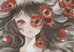  1girl absurdres anemone_(flower) bangs black_hair blush collarbone commentary_request eyelashes flower hair_over_one_eye hair_spread_out highres lips long_hair looking_at_viewer marutani one_eye_covered original parted_lips portrait red_eyes red_flower solo swept_bangs 