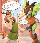  anthro antlers belt blep castle close-up comic crown cute_eyes day dragon duo eyes_closed glistening hand_on_cheek happy hi_res hisseefit holding_chin horn jerkin_(clothing) kyukyu male male/male mane medieval muscular muscular_male prince prince_borgon royalty size_difference smile story story_in_description tail_tuft text tongue tongue_out tuft 