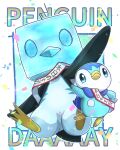  animal_focus bird blue_eyes border closed_mouth commentary_request confetti eiscue eiscue_(ice) framed hand_on_hip highres kotobukkii_(yt_lvlv) no_humans outstretched_arm penguin piplup pokemon pokemon_(creature) shoulder_sash smile sparkle white_border 