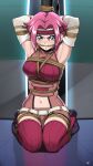  1girl armpits arms_up bdsm belt bondage bound breast_bondage breasts clothing_cutout code_geass detached_sleeves frogtie headband kallen_stadtfeld kneeling navel navel_cutout restrained rope sharpffffff shorts thighhighs 