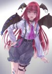  1girl :d absurdres adapted_costume arm_belt bandaid bandaid_on_leg bangs bat_wings belt blunt_bangs buckle collar crescent cross eyebrows_visible_through_hair gradient gradient_background grey_background guchadoro hand_on_hip happy head_wings highres holster koakuma latin_cross long_hair long_sleeves looking_at_viewer necktie open_mouth red_eyes red_hair shirt simple_background smile solo suspenders teeth thigh_holster thigh_strap touhou upper_teeth very_long_hair wings 