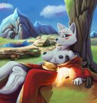  2022 absurd_res amaterasu anthro areola breasts canid canine canis capcom clothed clothing deity detailed_background digital_media_(artwork) exposed_breasts female fur hi_res lennoxicon lying_on_ground mammal markings nipples outside plant sky smile solo video_games white_body white_fur wolf ōkami 