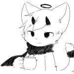  4_fingers ambiguous_gender anthro black_and_white black_eyes black_horn chano coffee_cup coffee_mug container cup fingers fur hair halo holding_mug holding_object horn monochrome mug scarf simple_background solo species_request white_background white_body white_fur 