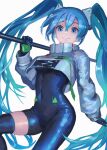  1girl asymmetrical_bodysuit blue_bodysuit blue_eyes blue_hair bodysuit crop_top crop_top_overhang cropped_jacket eyebrows_behind_hair goodsmile_racing gxp hatsune_miku headphones highres holding holding_pole long_hair long_sleeves navel pole racing_miku racing_miku_(2022) single_thighhigh skin_tight skindentation smile solo thighhighs twintails two-tone_gloves very_long_hair vocaloid 