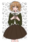  1boy absurdres bangs blush brown_eyes brown_hair brown_skirt cowboy_shot crossdressing danganronpa:_trigger_happy_havoc danganronpa_(series) eyebrows_visible_through_hair fujisaki_chihiro green_jacket green_ribbon highres jacket looking_at_viewer male_focus neck_ribbon otoko_no_ko own_hands_together pleated_skirt ribbon san_(sk_ooo0) shiny shiny_hair short_hair skirt smile solo tearing_up white_background 