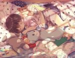  1boy bag bed bed_sheet bedroom blanket book chips closed_eyes coloring_book food game_console handheld_game_console indoors lying male_focus marker midriff midriff_peek navel on_bed on_side open_bag open_book original pajamas pajamas_pull rushichi_777 short_hair sleeping stuffed_animal stuffed_bunny stuffed_toy teddy_bear under_covers 