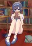  1girl absurdres abysyumi bare_legs blue_eyes blue_footwear blue_hair blue_hairband book book_stack bookshelf cevio commentary covering_mouth furrowed_brow hairband highres holding holding_book indoors library puffy_short_sleeves puffy_sleeves rug shirt short_hair short_shorts short_sleeves shorts solo suzuki_tsudumi white_shirt white_shorts wooden_floor 