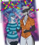  alcohol anthro azuriae beverage blue_hair clothed clothing duo female fish hair jewelry kazuhira male marine necklace open_clothing open_shirt open_topwear party piercing scarlet-frost scarlet_frost shark shirt smile smirk stripes topwear tube_dress white_hair 