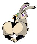  anthro armwear bent_over big_butt bottomwear breasts butt carrot clothing dipstick_ears disney female food footwear grey_body hi_res holding_carrot holding_food holding_object holding_vegetable huge_butt judy_hopps kneeling lagomorph leporid looking_at_viewer looking_back mammal multicolored_ears nondelismell plant purple_eyes rabbit side_boob smile solo thick_thighs vegetable zootopia 