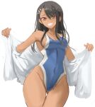  1girl absurdres ass_visible_through_thighs black_hair breasts covered_navel dark-skinned_female dark_skin highleg highleg_swimsuit highres ijiranaide_nagatoro-san long_hair medium_breasts nagatoro_hayase one-piece_swimsuit rakeemspoon red_eyes shirt sketch smile solo swimsuit swimsuit_under_clothes thigh_gap thighs undressing white_background white_shirt 