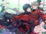  10000zs 1boy 1girl armor blue_eyes blue_hair blush byleth_(fire_emblem) byleth_(fire_emblem)_(male) cape carrying carrying_person couple double_bun edelgard_von_hresvelg eye_contact fire_emblem fire_emblem:_three_houses gloves hair_ornament hetero horn_ornament horns husband_and_wife_and_wife long_hair long_sleeves looking_at_another open_mouth princess_carry purple_eyes red_cape short_hair white_hair 