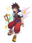  1boy belt_buckle blue_eyes brown_hair buckle commentary_request fingerless_gloves gloves jewelry keyblade kingdom_hearts kingdom_key looking_at_viewer male_focus necklace short_hair short_sleeves simple_background smile solo sora_(kingdom_hearts) spiked_hair teeth torakichi_(ebitendon) white_background yellow_footwear zipper 