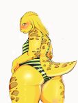  anthro big_butt blush blushing_profusely butt clothing female green_eyes kobold low-angle_view pattern_clothing presenting presenting_hindquarters rear_view sahlo_qah scales siffey_wolf solo striped_clothing stripes swimwear wide_hips yellow_body yellow_scales 