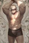  1boy abs bara beard black_male_underwear blindfold bound bound_wrists boxers bulge erection erection_under_clothes facial_hair feet_out_of_frame large_pectorals luerstine male_focus male_underwear mature_male muscular muscular_male navel navel_hair nipples old old_man overwatch pectorals reinhardt_(overwatch) rope scar scar_across_eye short_hair solo standing stomach thick_thighs thighs topless_male underwear underwear_only white_hair 