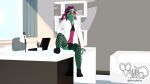  3d_(artwork) accessory alligator alligatorid anthro blouse bottomwear bra clothed clothing crocodilian desk digital_media_(artwork) eyewear fishnet fishnet_legwear furniture glasses gynomorph hair hair_accessory hairclip hi_res highlights_(coloring) intersex legwear lingerie margot_(ohlordyit&#039;sjordie) mynka office office_clothing office_lady on_desk panties pink_highlights pinup pose purple_hair reptile scalie sitting sitting_on_desk solo table topwear unbuttoned_shirt underwear 