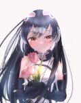  1girl african_penguin_(kemono_friends) bangs bare_shoulders black_hair blush brown_eyes closed_mouth crying crying_with_eyes_open elbow_gloves flower gloves happy happy_tears headphones highres holding holding_flower jacket kemono_friends kemono_friends_v_project long_hair looking_at_viewer multicolored_hair parted_bangs sarutori sleeveless sleeveless_jacket smile solo tears upper_body very_long_hair white_hair zipper zipper_pull_tab 