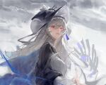  1girl arknights bangs blurry blurry_background brush_stroke cape closed_mouth cloud cloudy_sky eyebrows_visible_through_hair eyes_visible_through_hair fossil from_below from_side hat highres kurii89800727 long_hair long_sleeves looking_at_viewer outstretched_hand rain red_eyes sky solo specter_(arknights) specter_the_unchained_(arknights) tilted_headwear upper_body white_hair wind 