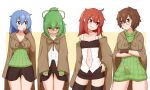  4girls aussa_the_earth_charmer black_legwear black_skirt blue_eyes blue_hair blush breasts brown_eyes brown_hair bulge closed_mouth collarbone commission crossed_arms duel_monster erection erection_under_clothes eria_the_water_charmer futanari glasses green_eyes green_hair green_sweater grin hair_between_eyes hand_on_hip highres hiita_the_fire_charmer liveactors long_hair medium_breasts multiple_girls red_hair ribbed_sweater robe shirt short_hair skirt small_breasts smile sweater thighhighs two-tone_background white_shirt wide_sleeves wynn_the_wind_charmer yu-gi-oh! 
