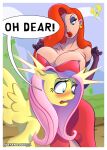  2013 big_breasts blush boob_hat breasts bryan-lobdell clothed clothing confusion dialogue digital_media_(artwork) disney ear_piercing ear_ring english_text equid equine eyelashes eyeshadow feathered_wings feathers female fluttershy_(mlp) friendship_is_magic gloves hair handwear hasbro horse huge_breasts human jessica_rabbit lips lipstick makeup mammal my_little_pony narrowed_eyes open_mouth orange_hair pegasus piercing pink_hair pony purple_eyeshadow red_lipstick simple_background startled teeth text tongue who_framed_roger_rabbit wings yellow_body 