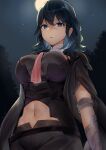  1girl blue_eyes breasts byleth_(fire_emblem) byleth_(fire_emblem)_(female) fire_emblem fire_emblem:_three_houses forest from_below haru_(nakajou-28) highres large_breasts looking_at_viewer medium_hair midriff nature night night_sky outdoors shorts sky solo 