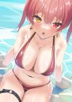  1girl :o bikini blush breasts earrings eyebrows_visible_through_hair garters heart heart_earrings heart_necklace heterochromia highres hololive hololive_fantasy houshou_marine jewelry large_breasts looking_at_viewer navel necklace red_bikini red_eyes red_hair shimaketa sitting string_bikini swimsuit twintails virtual_youtuber water wet yellow_eyes 
