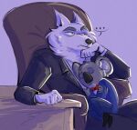  absurd_res anthro arctic_wolf bottomwear bow_tie brows buster_moon canid canine canis chair clothing duo emoji eyebrows furniture hi_res illumination_entertainment jimmy_crystal koala male mammal marsupial pants pur-fox sing_(movie) sitting sleeping sleeping_on_partner suit thinking vombatiform wolf 