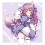  1girl :d animal_ears brown_hair capelet commission dress fang hat highres hoenaki_warg indie_virtual_youtuber kawachi_(hina) long_hair long_sleeves looking_at_viewer pink_eyes second-party_source skeb_commission skirt smile tail thighhighs v-shaped_eyebrows wolf_ears wolf_girl wolf_tail 