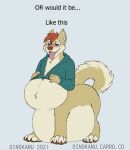  2021 anthro belly bloated canid canine canis digital_drawing_(artwork) digital_media_(artwork) dinokamu domestic_dog english_text expansion hi_res male mammal overweight overweight_anthro overweight_male shiba_inu sketch solo spitz stuffing stuffing_(food) taur text weight_gain 