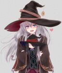  1girl :d ^_^ bangs black_cape black_headwear blue_eyes blush cape character_doll closed_eyes closed_mouth elaina_(majo_no_tabitabi) facing_viewer floating_hair hair_between_eyes hair_ribbon hat highres housecat573 long_hair looking_at_viewer majo_no_tabitabi mole mole_under_eye neck_ribbon open_mouth red_ribbon ribbon silver_hair smile solo very_long_hair witch_hat 