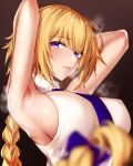  armpits arms_up bangs blonde_hair blue_bow blush bow braid braided_ponytail breasts brown_background character_request collar dark_background eyebrows_visible_through_hair fate/grand_order fate_(series) hair_bow large_breasts lips long_hair presenting_armpit purple_eyes sideboob sidelocks sleeveless steam steaming_body sweat yoshimoto_(carpsukidayo) 