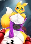  anthro asian_clothing bandai_namco big_breasts blush bodily_fluids breasts clothed clothing digimon digimon_(species) duo east_asian_clothing female first_person_view fluffy fluffy_tail fur genitals grin guilmon hi_res japanese_clothing kimono leg_grab looking_at_another looking_at_partner looking_pleasured male male/female moonfluffmf partially_clothed penetrating_pov penetration pussy renamon saliva smile vaginal vaginal_penetration white_body white_fur yellow_body yellow_fur 