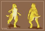  anthro big_butt butt claws female flat_chested frill_(anatomy) green_eyes hi_res kobold neck_frill nude sahlo_qah scales solo toe_claws wezzen wide_hips yellow_body yellow_scales 