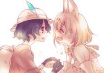  2girls animal_ears backpack bag black_hair blonde_hair blue_eyes blush bow bowtie cat_ears closed_eyes crying crying_with_eyes_open elbow_gloves feathers gloves half_gloves hat holding_hands kaban_(kemono_friends) kemono_friends mei_(abliss) multiple_girls open_mouth serval_(kemono_friends) short_hair tears 