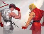 2boys bare_arms bare_shoulders belt black_belt blonde_hair brown_hair closed_eyes cofffee fingerless_gloves from_behind gloves grey_background hand_to_own_face headband ken_masters male_focus medium_hair multiple_boys muscular muscular_male red_gloves red_headband ryu_(street_fighter) short_hair sleeveless street_fighter torn_clothes upper_body 