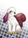  bandai_namco canid canine claws curled_tail digimon digimon_(species) feral floppy_ears fur hi_res labramon mammal red_eyes sitting solo tamarou0306 white_body white_fur 