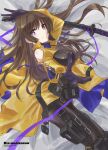  1girl black_bodysuit bodysuit breasts brown_hair clothing_cutout eyebrows_visible_through_hair gloves hair_behind_ear highres immortals:_muvluv_alternative jacket jun_(rellik_&amp;_redrum) katana large_breasts long_hair lying muvluv muvluv_alternative muvluv_total_eclipse on_side pointing pointing_at_viewer purple_eyes purple_gloves shoulder_cutout smile solo sword takamura_yui thigh_strap weapon yellow_jacket 