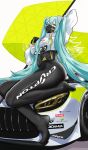  1girl absurdres aqua_eyes aqua_hair arm_behind_head arm_up ass asymmetrical_bodysuit black_bodysuit bodysuit car crop_top cropped_jacket crypton_future_media eyebrows_visible_through_hair feet flag flagpole full_body goodsmile_company goodsmile_racing ground_vehicle hair_between_eyes hatsune_miku highres holding holding_flag holding_pole legs long_hair mask mercedes-benz mercedes-benz_amg_gt motor_vehicle navel no_shoes pole q_t_(pixiv) race_vehicle racecar racing_miku racing_miku_(2022) sitting toes twintails two-tone_gloves vocaloid 