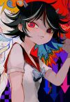  1girl abstract_background bangs black_hair blue_pupils bow bowtie comkdom commentary hand_up highres horns kijin_seija multicolored_eyes multicolored_hair raised_eyebrows red_eyes red_hair shirt short_hair short_sleeves smile solo touhou white_hair white_shirt 