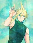 1boy armor_removed asymmetrical_hair bare_arms blonde_hair blue_eyes blue_shirt cloud_strife final_fantasy final_fantasy_vii fingernails green_background krudears muscular muscular_male outstretched_arm reaching_out shirt short_hair sleeveless sleeveless_turtleneck solo spiked_hair turtleneck upper_body watercolor_background 