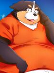  2022 absurd_res anthro belly bernese_mountain_dog big_belly black_body black_nose blue_background brown_body canid canine canis clothing domestic_dog eyewear glasses hi_res kemono male mammal molosser mountain_dog obese obese_male one_eye_closed overweight overweight_male shirt simple_background solo swiss_mountain_dog takkusk tongue tongue_out topwear white_body wink 
