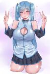  1girl :d absurdres aqua_hair bangs bare_shoulders blush breasts cleavage detached_sleeves double_v eyebrows_visible_through_hair hatsune_miku highres lingerie mole mole_under_eye pleated_skirt red_eyes skirt smile solo tamamf twintails underwear v vocaloid 